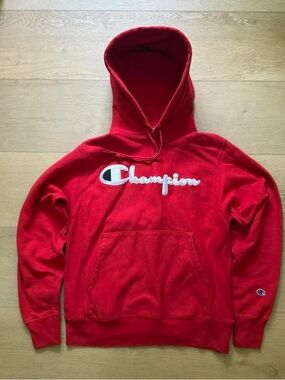 Champion red Reverse Weave hoodie in size Small